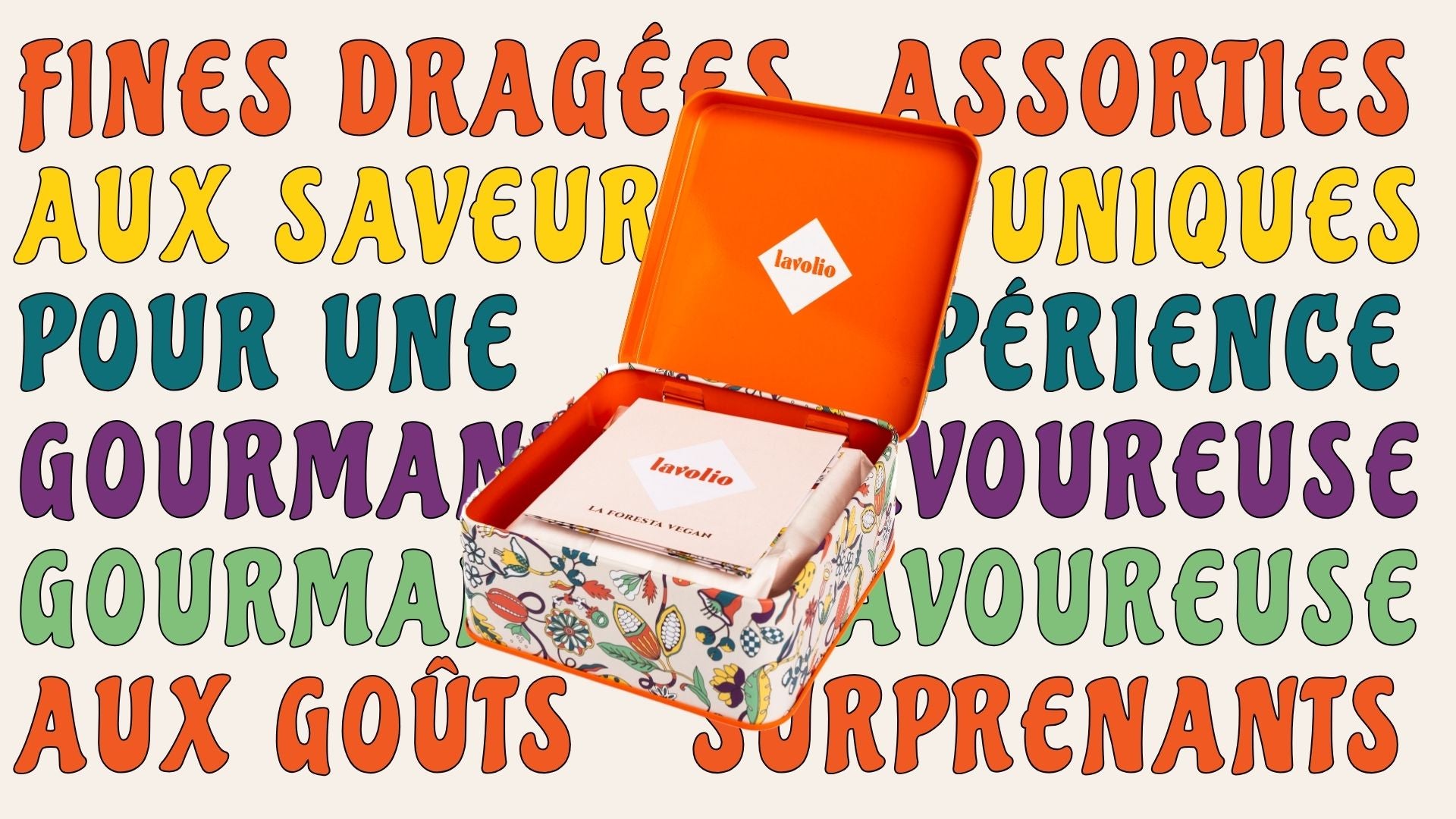 Open lavolio box with colorful candies and text in multiple colors on a white background